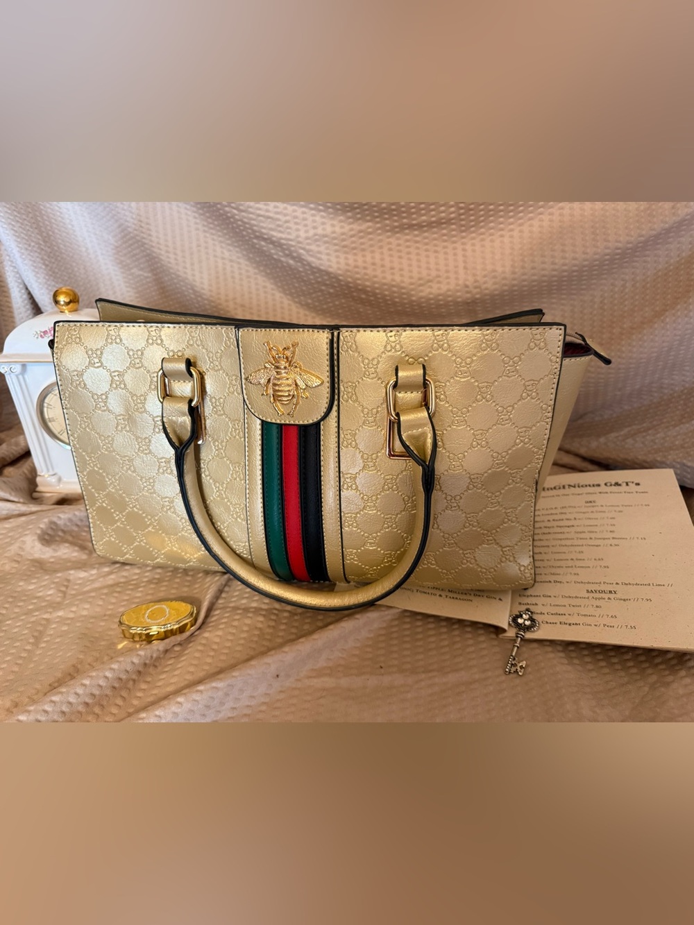 American Bee Gold Embossed Bee Satchel Handbag Stripe